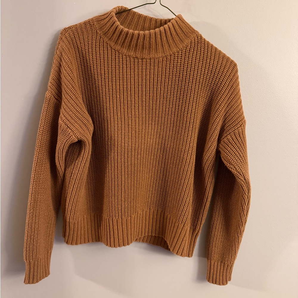 BeCool Brown Chunky Knit Sweater Mock Neck Cropped Cotton Size S Chic Minimalist